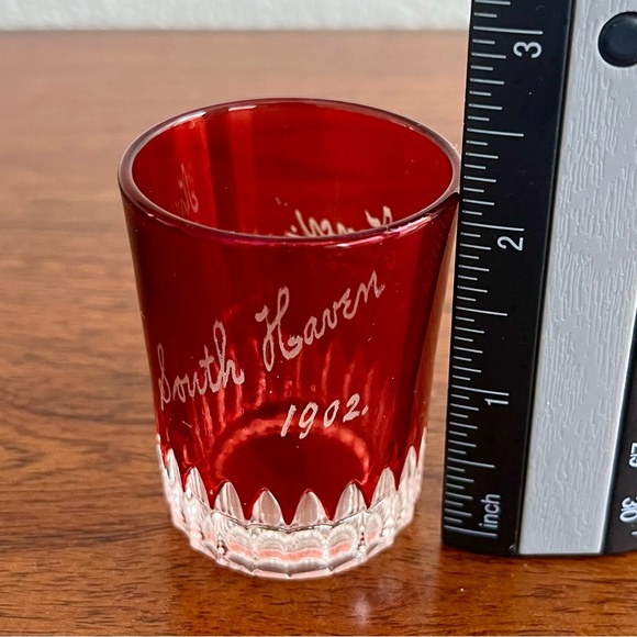 Antique Ruby Red Flash Glass Souvenir Set Of 3 Creamer & Shot Glass Early 1900s - Picture 16 of 16